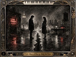 SongData_A_Matter_of_Trust_Billy_Joel_1986 Two figures face each other across a rain-slick rooftop fissure beneath a smoky nighttime city skyline, suggesting emotional distance and fragile trust. Deep feathered charcoal textures, silvery highlights, and restrained red neon reflections create a tense, cinematic mood. An ornate chrome-and-gold musical frame surrounds the scene, finished with an engraved title plate.