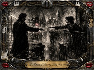 A dramatic charcoal cityscape shows a man and woman reaching toward each other across a fractured urban divide, symbolizing fragile trust and emotional distance. Rainy streets, glowing windows, and smoky shadows create a tense, hopeful mood. An ornate chrome-and-gold musical frame, red lips, guitars, microphone details, and engraved title plate complete the composition.