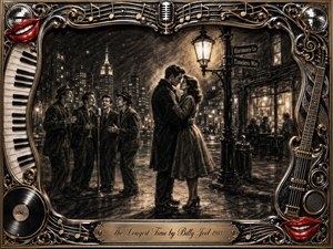 A richly textured charcoal artwork portrays a tender couple beneath a glowing streetlamp on a nostalgic city street, surrounded by singing figures and musical motifs. Deep blacks, sepia highlights, and soft illumination create a timeless romantic mood. An ornate chrome and gold music-themed frame, with instruments and engraved title plate, completes the vintage composition.
