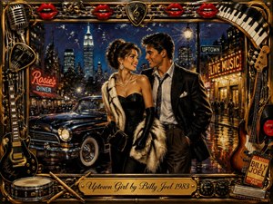 A glamorous couple shares a romantic moment on a vibrant city street at night, surrounded by vintage cars, neon signs, and musical elements. The richly textured artwork blends cinematic realism with painterly detail, using deep blues, warm golds, and dramatic lighting. An ornate music-themed frame completes the nostalgic 1980s atmosphere.