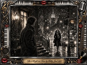 A charcoal-inspired winter cityscape captures a moment of reunion and anticipation, with a man waiting as a woman approaches through falling snow. The monochrome scene glows with warm streetlights and reflections, framed by ornate chrome and gold musical details. The cinematic artwork blends nostalgia, romance, and expressive textured shading.