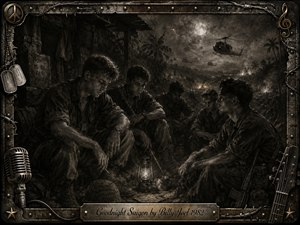 A charcoal-toned wartime scene shows weary soldiers gathered in a jungle camp beneath a moonlit sky, surrounded by helicopters, smoke, and distant lights. The somber composition uses deep shadows, textured strokes, and sepia-gray tones. A rugged metal music-themed frame with dog tags, barbed wire, and engraved title plate completes the reflective memorial style.