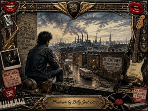 A textured portrait of industrial Allentown shows a reflective figure overlooking aging factories, brick streets, and a smoky skyline beneath dramatic clouds. Framed by ornate chrome and gold musical elements, the artwork blends rock memorabilia with urban nostalgia. Deep charcoal tones, muted colors, and warm highlights create a melancholic yet hopeful atmosphere.