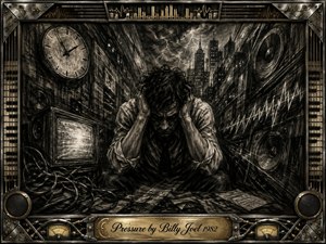 A dark charcoal illustration shows a distressed figure overwhelmed in a cramped urban space, surrounded by clocks, speakers, cables, and stormy city shadows. The monochrome composition uses heavy textures, dramatic lighting, and intense contrast. A metallic music-themed frame with gold accents and an engraved title plate completes the tense, industrial atmosphere.