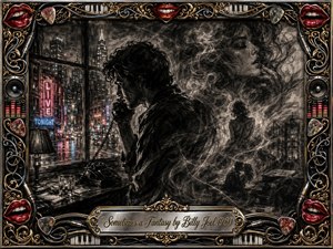 A dramatic charcoal-inspired noir scene depicts a solitary figure in a dim city apartment, surrounded by smoky dreamlike fantasies and neon-lit streets beyond the window. Deep blacks, silver tones, and subtle red and blue highlights create a mysterious mood. An ornate rock-themed chrome and gold frame with musical details completes the cinematic artwork.