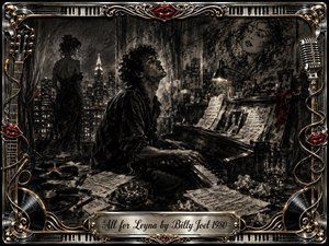 A dramatic charcoal noir scene shows a musician lost at a piano in a shadowy city apartment, surrounded by handwritten pages, records, and memories of a distant muse. Deep blacks, smoky textures, and subtle red accents create a restless romantic mood, while ornate chrome and gold musical framing adds vintage elegance and intensity.