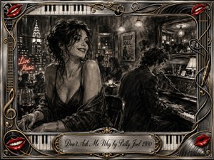 A charcoal illustration portrays a romantic late-night piano lounge with a smiling woman and pianist sharing a moody musical atmosphere. Rich black-and-white textures, subtle gold accents, and red highlights frame the cinematic scene. Neon city lights, piano details, and ornate musical decorations create an elegant, nostalgic art-deco composition filled with warmth and mystery.