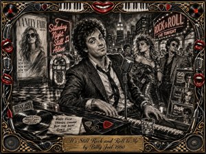 A dramatic charcoal illustration captures a rock-and-roll performer at a piano in a smoky 1980s city nightclub, surrounded by neon signs, records, fashion imagery, and musical details. Deep black textures contrast with red and gold accents, while the ornate frame, chrome elements, and engraved title plate create a nostalgic, energetic tribute to timeless rock style.