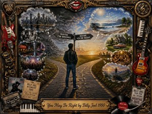 A dramatic rock-inspired painting shows a lone figure facing a forked road beneath contrasting stormy and sunny skies, symbolizing uncertainty and self-discovery. The ornate frame blends guitars, records, concert memorabilia, and vintage details. Rich gold, black, red, and blue tones create a cinematic mood with textured oil-painted depth and glowing light.