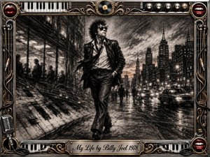 A dramatic charcoal portrait shows a confident figure walking through a rain-soaked city street, surrounded by skyscrapers and glowing lights. The noir composition uses deep blacks, smoky textures, and subtle warm highlights. An ornate chrome and gold musical frame with piano keys, records, and engraved details enhances the rebellious, independent spirit.