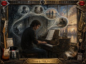 A contemplative pianist performs in a shadowed studio beside a glowing city window, surrounded by dreamlike memory bubbles and musical symbols. The ornate gold-and-chrome frame features guitars, records, drums, and vintage concert details. Deep charcoal-like textures blend with warm amber light and cool blue shadows, creating a reflective emotional atmosphere.