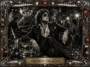 A dramatic charcoal portrait captures a confident 1970s nightlife figure lounging in a glamorous club, surrounded by smoke, champagne, disco lights, and a fashionable crowd. Deep black and silver tones create a moody atmosphere, while the ornate gold-and-chrome music frame, red lips, piano details, and engraved title plate add theatrical elegance.