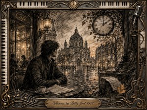 A richly textured charcoal scene portrays a thoughtful figure seated at a Vienna cafe at dusk, gazing toward elegant historic architecture and glowing streets. The monochrome composition blends warm sepia highlights, soft lantern light, and intricate musical frame details. Piano keys, guitar motifs, clocks, and engraved gold accents create a nostalgic, timeless atmosphere.