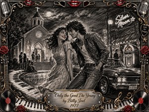 A dramatic charcoal-style illustration shows a young couple sharing a rebellious romantic moment outside a moonlit church and vintage diner. Deep shadows, silver-gray textures, and selective red accents create a nostalgic 1970s rock atmosphere. Ornate musical framing with guitars, records, roses, and engraved details surrounds the cinematic scene.