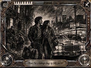 A dramatic charcoal portrait of a young couple leaving a gritty 1970s New York neighborhood, standing beside a classic chrome-trimmed car under city lights. Deep black and gray textures create a reflective mood, with diner neon, brick buildings, and skyline details framed by ornate musical elements and an engraved title plate.