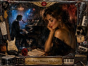 An elegant woman in a black dress sits in a smoky vintage piano lounge, reflecting the songs mystery and emotional complexity. A pianist performs nearby under blue and amber lights, surrounded by guitars, records, and music memorabilia. The ornate chrome and gold frame adds a glamorous rock-era texture with dramatic handcrafted detail.