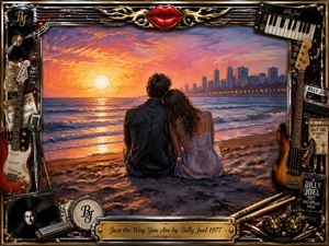 A romantic couple sits together on a shoreline at sunset, gazing across glowing waves toward a distant city. The warm orange and purple sky creates a nostalgic mood, while the impressionistic painting style adds rich texture. An ornate music-themed frame surrounds the scene with guitars, records, piano keys, and golden engraved details.
