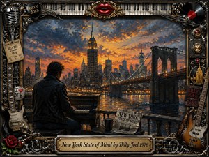A richly textured impressionist scene shows a pianist overlooking New York City at twilight, with the skyline, bridges, and glowing river creating a reflective atmosphere. Warm gold and deep blue tones illuminate the composition, surrounded by an ornate music-themed frame featuring guitars, records, piano elements, and vintage concert details in a dramatic mixed-media style.