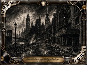 A haunting charcoal-style vision of a darkened Broadway and New York skyline, the image shows an abandoned city street beneath smoky skies. Rich black, gray, and metallic tones create a somber mood, while ornate gold-and-chrome musical framing surrounds the scene. Piano keys, records, and a glowing title plate add theatrical nostalgia and elegance.