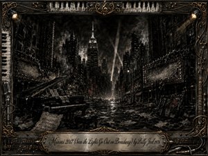 A haunting charcoal-inspired vision shows a deserted Broadway cityscape after a mysterious blackout, with a grand piano, ruined theaters, and smoky skyscrapers fading into darkness. The ornate musical frame, metallic gold details, and engraved title plate surround a cinematic scene of sorrow, memory, and lost urban grandeur under dim theatrical lighting.