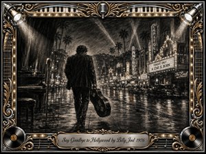 A charcoal-inspired cinematic scene shows a lone musician leaving a glowing Hollywood boulevard at night, carrying an instrument case beneath fading theater lights. Rich black textures, silver highlights, and subtle gold accents create a nostalgic farewell mood. An ornate musical frame surrounds the artwork, featuring microphones, records, strings, and an engraved title plate.