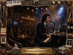 A richly textured painting portrays a 1970s piano bar performance with a charismatic entertainer playing beneath warm stage lights. The intimate nightclub setting features a grand piano, glowing marquee, audience, and vintage music memorabilia. Deep shadows, gold accents, smoky atmosphere, and ornate musical frame details create a nostalgic cinematic mood.