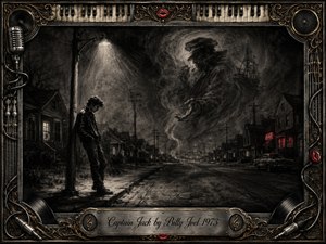 A dark charcoal noir scene shows a solitary figure beneath a streetlamp on an empty suburban street, facing a ghostly captain emerging from swirling mist. The monochrome artwork features deep shadows, smoky textures, distant city lights, and subtle red accents, framed by ornate musical details with a vintage engraved title plate.