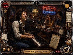 A richly textured painting shows a pianist performing in a dim, intimate bar surrounded by nostalgic patrons and musical memorabilia. Warm amber lighting, deep shadows, and earthy tones create a reflective mood. The ornate frame features guitars, vinyl records, microphones, and gold accents, while a classic engraved title plate completes the vintage composition.