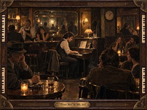 A weary pianist plays in a smoky 1970s bar, surrounded by reflective patrons, worn wood, dim mirrors, and half-finished drinks. Warm amber and mahogany tones glow beneath soft lamps and candlelight, while cooler shadows deepen the melancholy. Painterly oil textures, vintage details, and an ornate piano-themed frame create intimate nostalgia.