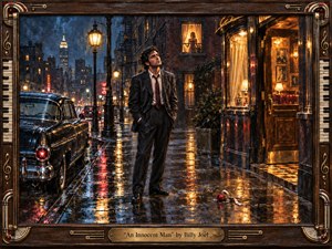 A solitary man in a dark suit stands on a rain-soaked city street, surrounded by glowing storefronts, vintage cars, and amber lamplight. Deep blues and warm gold reflections create a wistful, romantic mood. Richly textured painterly detail, falling rain, a discarded rose, and an ornate piano-themed frame suggest vulnerability, longing, and guarded hope.