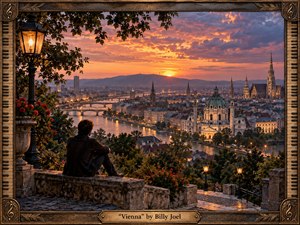 A contemplative young man sits on a stone terrace overlooking Vienna at sunset, surrounded by gardens, lanterns, and historic architecture. Warm amber, rose, and violet light bathes the river and rooftops, creating a reflective, nostalgic mood. The richly textured scene combines cinematic realism with handcrafted antique framing, piano-key details, and bronze ornamentation.