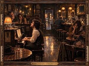 A weary pianist plays in a dim, wood-paneled bar filled with solitary patrons lost in thought. Amber lamps, polished tables, rain-slicked streets, and smoky shadows create a warm yet melancholy atmosphere. Rich browns, golds, and deep blacks enhance the painterly realism, while the piano-key frame reinforces the musics nostalgic character.