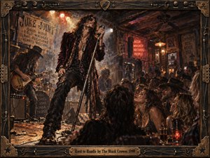A charismatic rock singer commands a smoky Southern juke joint, leaning into a vintage microphone as a crowded audience surges toward the stage. Warm amber, crimson, tobacco, and black tones glow beneath harsh spotlights. Thick oil textures, worn wood, neon signs, guitars, bottles, and a distressed brass-and-timber frame create raw, dangerous energy.