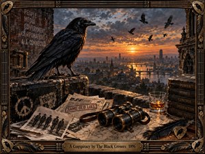 A brooding black crow overlooks a sprawling city at sunset from a weathered rooftop crowded with newspapers, maps, binoculars, whiskey, and cryptic markings. Burnished orange light cuts through storm clouds, creating a tense, conspiratorial mood. Rich painterly textures, aged metal framing, feathers, and carved details reinforce the dark rock atmosphere.