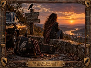A lone traveler sits on a stone overlook beside a vintage black car, gazing across a glowing river valley at sunset. Warm amber light, deep shadows, autumn textures, a battered guitar case, hat, crow, and weathered sign create a wistful, road-worn mood framed by ornate dark wood and brass.