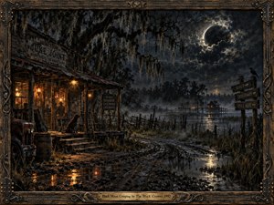 A weathered Southern juke joint glows beside a muddy crossroads under a blackened moon, surrounded by moss-draped trees, marsh water, and distant lights. Warm amber windows contrast with cold blue-gray shadows, while puddled roads, rustic signs, ravens, and ornate carved framing create a brooding, cinematic Gothic blues atmosphere.
