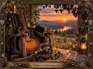A weathered acoustic guitar and black hat rest on a rustic porch beside a bowl of ripe blackberries, overlooking a glowing river valley at sunset. Warm amber light, deep greens, violet hills, carved wood, metal accents, vines, birds, and lantern details create a nostalgic Southern rock atmosphere within an ornate handcrafted frame.