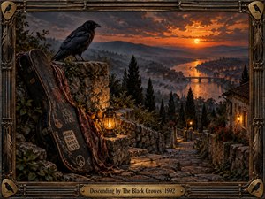 A weathered stone stairway descends through a misty hillside toward a glowing river town at sunset. A black crow, battered guitar case, lantern, and draped scarf anchor the foreground. Warm amber light contrasts with cool blue haze, while the ornate wood and metal frame reinforces the nostalgic, handcrafted rock atmosphere.