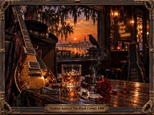 A weathered electric guitar, black hat, whiskey glass, smoking ashtray, and fallen red rose fill a dim vintage bar overlooking a glowing sunset river. Warm amber lamps, dark wood, crow imagery, and richly distressed textures create a brooding Southern rock atmosphere framed by ornate guitar-string and metal details.