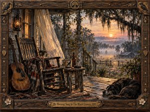 A weathered porch at sunrise overlooks a misty rural landscape, glowing with warm gold and soft rose light. A rocking chair, acoustic guitar, steaming mug, and resting dog create a quiet, reflective mood. Painted in richly textured rustic realism, the scene is enclosed by an ornate carved frame with musical details.