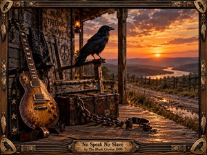 A weathered Southern porch overlooks a winding river valley beneath a fiery orange sunset, creating a defiant, reflective blues-rock mood. A battered electric guitar, black crow, rusted trunk, broken chain, and glowing lantern fill the foreground, framed by distressed wood and metal with richly aged handcrafted textures.