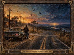 A lone traveler stands beside a weathered muscle car on a winding rural highway at dusk, facing a glowing distant horizon. Warm amber light fades into deep indigo skies above crows, telephone poles, a faded town, and river lights. Thick oil and encaustic textures create a soulful, road-worn atmosphere.