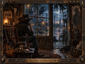 A solitary man in a weathered hat sits beside a guitar, staring through rain-streaked windows toward a stormy Southern town. Deep blues, amber lamplight, worn wood, smoke, and reflective pavement create a haunted, introspective mood. Detailed painterly textures, black crows, aged photographs, and ornate musical framing deepen the melancholy atmosphere.