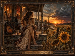 A barefoot woman rests on a weathered porch beside an old acoustic guitar, overlooking a vast sunflower field glowing beneath a dramatic sunset. Warm amber light, stormy clouds, rustic wood, and deep shadows create a soulful Southern rock mood. The ornate dark frame uses strings, metalwork, and sunflower details.