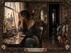 A wistful young woman sits beside a sunlit window in a weathered Southern room, surrounded by faded photographs, flowers, books, and an old guitar. Warm amber light contrasts with deep shadows, creating a reflective, haunted mood. Ornate wood and metal framing reinforces the handcrafted, nostalgic character.