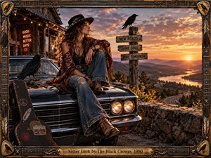 A bohemian woman rests on a vintage muscle car overlooking winding roads, distant mountains, and a glowing sunset. Black crows, a weathered guitar case, rustic signs, and warm amber light create a soulful, road-worn atmosphere. Rich textures, earthy reds, deep blacks, and an ornate guitar-inspired frame evoke classic Southern rock.