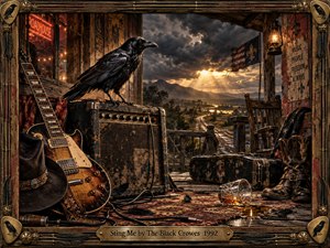 A gritty Southern rock scene shows a black crow perched on a battered amplifier beside a worn sunburst guitar on a weathered roadhouse porch. Storm clouds part over a glowing rural valley, while boots, cables, feathers, a tipped glass, and vintage textures create a restless, road-worn 1992 atmosphere.