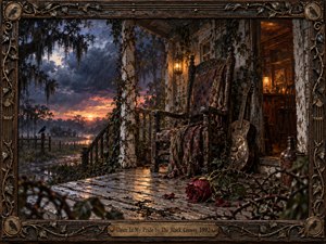 A weathered Southern porch glows with amber lamplight as storm clouds, rain, and a fading sunset darken the rural landscape. An empty carved chair, battered resonator guitar, fallen red rose, creeping thorn vines, and worn boards create a brooding mood. Rich painterly textures and an ornate rustic frame deepen the melancholy atmosphere.