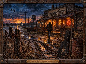 A lone traveler approaches a weathered roadside bar at dusk, surrounded by muddy reflections, rusted posts, tangled weeds, and distant industrial silhouettes. Deep blue storm clouds contrast with fiery orange lights, creating a gritty, defiant mood. Thick textured brushwork and distressed details give the scene a rugged Southern rock character.