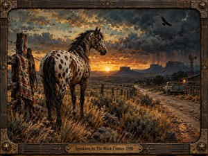 A lone spotted Appaloosa stands beside a rough fence, gazing across a desert ranch road toward a blazing sunset and distant mesas. Storm clouds, a circling black bird, a windmill, and an old pickup deepen the wistful mood. Rich bronze, amber, and blue tones glow through textured, painterly brushwork and an ornate rustic frame.
